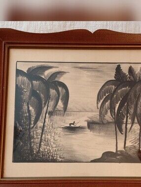Vintage African Folk Art Kenya Pen Ink Drawing Framed
